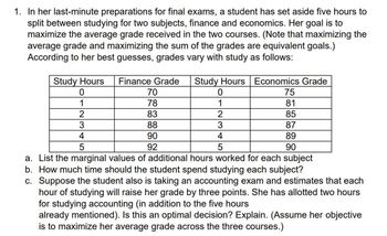 1. In her last-minute preparations for final exams, a student has set aside five hours to
split between studying for two subjects, finance and economics. Her goal is to
maximize the average grade received in the two courses. (Note that maximizing the
average grade and maximizing the sum of the grades are equivalent goals.)
According to her best guesses, grades vary with study as follows:
Study Hours
0
1
2
3
4
5
Finance Grade
70
78
83
88
90
92
Study Hours Economics Grade
0
75
1
81
2
85
3
87
4
89
5
90
a. List the marginal values of additional hours worked for each subject
b. How much time should the student spend studying each subject?
c. Suppose the student also is taking an accounting exam and estimates that each
hour of studying will raise her grade by three points. She has allotted two hours
for studying accounting (in addition to the five hours
already mentioned). Is this an optimal decision? Explain. (Assume her objective
is to maximize her average grade across the three courses.)