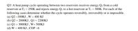 Q3/ A heat pump cycle operating between two reservoirs receives energy Q2 from a cold
reservoir at T2 = 250K and rejects energy Qı to a hot reservoir at T1 = 300K. For each of the
following cases determine whether the cycle operates reversibly, irreversibly or is impossible.
(a) Q2 =300KJ , W = 400 KJ
(b) Q2 = 2000KJ , Q1 = 2200KJ
(c) Q1 = 3000KJ , W= 500KJ
(d) W = 400 KJ , COP =6
%3D
