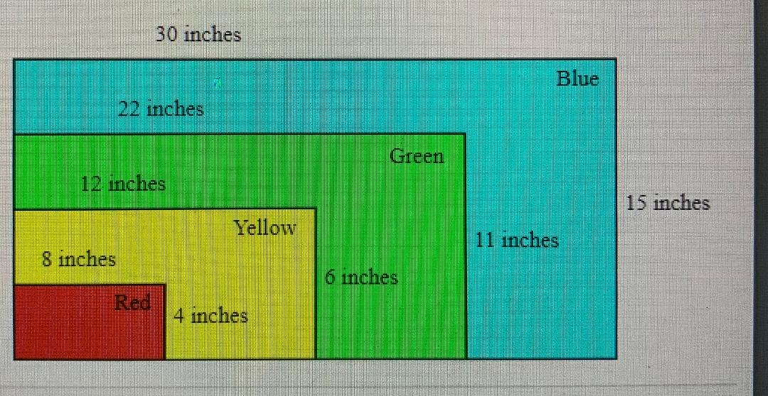 30 imches
Blue
22 inches
Green
12 nches
15 nches
Yellow
11 nches
8 inches
6 nches
Red
4 inches
