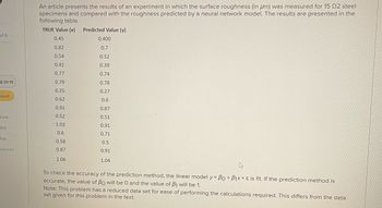 An article presents the results of an experiment in which the surface roughness (in μm) was measured for 15 D2 steel
specimens and compared with the roughness predicted by a neural network model. The results are presented in the
following table.
TRUE Value (x)
Predicted Value (y)
of 6
0.45
0.400
0.82
0.7
0.54
0.52
0.41
0.39
0.77
0.74
2:30:15
0.79
0.78
0.25
0.27
pped
0.62
0.6
0.91
0.87
0.52
Book
0.51
1.02
0.91
Hint
0.6
0.71
Ask
0.58
0.5
erences
0.87
0.91
1.06
1.04
۵
To check the accuracy of the prediction method, the linear model y=Bo+B1x+ & is fit. If the prediction method is
accurate, the value of Bo will be 0 and the value of ẞ1 will be 1.
Note: This problem has a reduced data set for ease of performing the calculations required. This differs from the data
set given for this problem in the text.