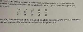 The weight of plastic pellets for an injection molding process is a characteristic of
interest. A random sample of 15 pellets is selected and gives the following weights
in grams)
22770
17
19
22
21
222
2222
17
19
18
18
2220
21
222
20
21
ssuming the distribution of the weight of pellets to be normal, find a two-sided 95%
atistical tolerance limits that contain 90% of the population.