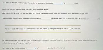 As a result of the 20% rent increase, the number of vacant units demanded
The increase in jobs results in a new equilibrium rent of $
Adjust the previous graph to show the effect of the increase in jobs.
Hint: Determine whether this scenario leads to a shift in the demand/supply curve or a movement along the demand/supply curve.
to
As a result of rent control, there is a
units.
Now suppose that the state of California introduces rent control by setting the maximum rent at $2,400 per month.
of
per month and a new equilibrium number of vacancies of
On the previous graph, use the grey point (star symbol) to indicate the number of vacancies demanded. Then use the tan point (dash symbol) to
indicate the number of vacancies supplied.
vacant units in the market.
units.
