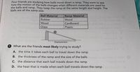 Four friends are studying how balls move down a ramp. They want to see
how the motion of the balls changes when different materials are used for
the balls and ramp. They keep the ramp at the same length and height. The
balls are all the same size.
Ball Material
Ramp Material
Rubber
Wood
Wood
Cardboard
Glass
Plastic
Displacement
What are the friends most likely trying to study?
A. the time it takes each ball to travel down the
ramp
B. the thickness of the ramp and the size of the balls
ol vew
o ai terw
C. the distance that each ball travels down the ramp
Segen
D. the heat that is made when each ball travels down the
ramp
