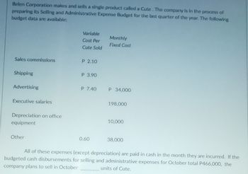 Belen Corporation makes and sells a single product called a Cute. The company is in the process of
preparing its Selling and Administrative Expense Budget for the last quarter of the year. The following
budget data are available:
Variable
Monthly
Cost Per
Fixed Cost
Cute Sold
Sales commissions
P 2.10
Shipping
P 3.90
Advertising
P 7.40
P 34,000
Executive salaries
198,000
Depreciation on office
10,000
equipment
Other
0.60
38,000
All of these expenses (except depreciation) are paid in cash in the month they are incurred. If the
budgeted cash disbursements for selling and administrative expenses for October total P466,000, the
company plans to sell in October
units of Cute.