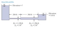 Draw HGL and EGL.
Elevation = ?
Elevation
200 ft
300 ft
= 110 ft
DI = 1.128 ft
A1 = 1 ft?
D, = 1.596 ft
Az = 2 ft²
