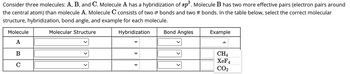 Consider three molecules: A, B, and C. Molecule A has a hybridization of sp³. Molecule B has two more effective pairs (electron pairs around
the central atom) than molecule A. Molecule C consists of two σ bonds and two bonds. In the table below, select the correct molecular
structure, hybridization, bond angle, and example for each molecule.
Molecule
A
B
C
Molecular Structure
Hybridization Bond Angles
Example
CH4
XeF4
CO2