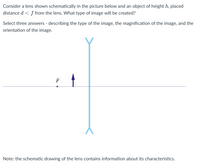 Consider a lens shown schematically in the picture below and an object of height h, placed
distance d < f from the lens. What type of image will be created?
Select three answers - describing the type of the image, the magnification of the image, and the
orientation of the image.
F
Note: the schematic drawing of the lens contains information about its characteristics.
