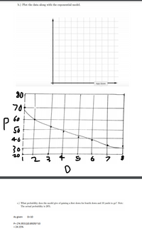 b.) Plot the data along with the exponential model.
App Store
30
60
46
30
20
2 3
6
c.) What prohability does the model give of gaining a first down for fourth down and 10 yards to go? Note:
The actual probability is 28%.
As given
D=10
P= (74.9551)(0.8929)^10
= 24.15%
