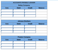 ACCOUNTS PAYABLE LEDGER
Bailey Company
Date
Debit
Credit
Balance
Johnson Brothers
Date
Debit
Credit
Balance
Preston Company
Date
Debit
Credit
Balance
