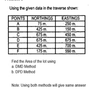 Using the given data in the traverse shown:
POINTS
A
BCDEF
с
E
NORTHINGS
75 m.
425 m.
675 m.
675 m.
425 m.
175 m.
Find the Area of the lot using
a. DMD Method
b. DPD Method
EASTINGS
250 m.
150 m.
450 m.
675 m.
700 m.
550 m.
Note: Using both methods will give same answer