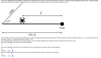 You set up a Halloween prank by attaching a small board to a hinge above your front door. The far end of the board is held up by a cable that can be released by remote control. You place a spooky
spider on the board that is dropped on unsuspecting trick-or-treaters when you release the cable. The drawing below shows the set-up.
cable
40°
Hinge
60 ст
You use a board that is 60 cm long and the cable makes an angle of 40 degrees with the board when the board is held horizontally. You place the spider a distance of r = 37 cm from the hinge. The
board has a mass of 2.2 kg and the spider has a mass of 1.6 kg.
The hinge applies both a horizontal force and a vertical force. You will be asked to determine the direction of both of these forces (left, right, up, down).
What is the magnitude of the tension in the cable in Newtons?
T =
What is the magnitude and direction of the horizontal force from the hinge? Enter a positive number for the magnitude.
Fh =
Direction
---Select---
What is the magnitude and direction of the vertical force from the hinge? Enter a positive number for the magnitude.
Fy :
%D
Direction
---Select---
