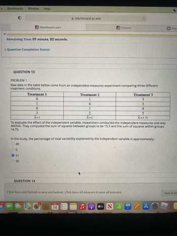 ту
Bookmarks Window Help
Blackboard Learn
Remaining Time: 01 minute, 02 seconds.
* Question Completion Status:
blackboard.sc.edu
Content
P
QUESTION 13
PROBLEM 1
Raw data in the table below come from an independent-measures experiment comparing three different
treatment conditions.
Treatment 1
0
1
0
3
X=1
Treatment 2
1
412
X=2
Treatment 3
3345
X=3.75
B https
To evaluate the effect of the independent variable, researchers conducted the independent-measures one-way
ANOVA. They computed the sum of squares between groups to be 15.5 and the sum of squares within groups
14.75.
In the study, the percentage of total variability explained by the independent variable is approximately:
49
00
51
95
QUESTION 14
Click Save and Submit to save and submit. Click Save All Answers to save all answers.
7,427
213
280
2
JUN
14
5
tv i
A
Save All An