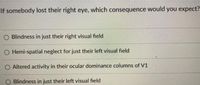 If somebody lost their right eye, which consequence would you expect?
O Blindness in just their right visual field
Hemi-spatial neglect for just their left visual field
O Altered activity in their ocular dominance columns of V1
Blindness in just their left visual field
