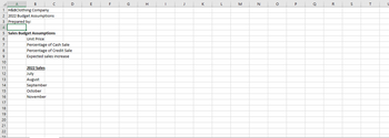 A
B
1 H&BClothing Company
2 2022 Budget Assumptions
3 Prepared by:
4
5 Sales Budget Assumptions
6
7
8
9
10
11
12
13
14
15
16
17
18
19
20
21
22
с
2022 Sales
July
August
Unit Price
Percentage of Cash Sale
Percentage of Credit Sale
Expected sales increase
September
October
November
D
E
F
G
H
T
J
K
L
M
N
O
P
Q
R
S
T