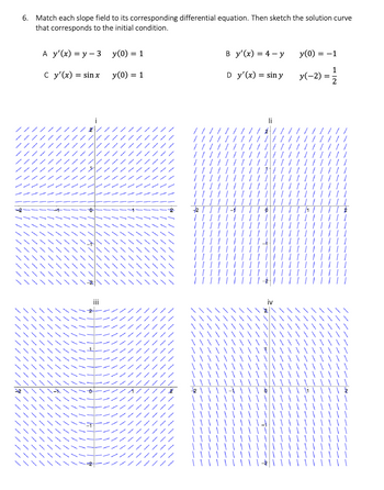 6. Match each slope field to its corresponding differential equation. Then sketch the solution curve
that corresponds to the initial condition.
A y'(x)=y-3 y(0) = 1
C y'(x) = sin x
y(0) = 1
B y'(x) = 4-y
D y'(x) = sin y
li
y(0) = -1
y(-2)=