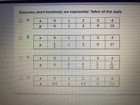 Determine which function(s) are exponential. Select all that apply.
O A.
3
4
y
9.
16
2.
3
4
9
27
3.
C.
2.
3
4
5.
2.
16
O D.
1.
2.
4.
4.5
4
3.5
2.5
33
24
3.
5.
B.
