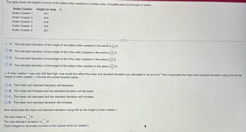 The table shows the heights of some of the tallest roller coasters in a certain area. Complete parts (a) through (c) below.
Roller Coaster
Height (in feet)
Roller Coaster 1
441
Roller Coaster 2
424
Roller Coaster 3
418
Roller Coaster 4
336
Roller Coaster 5
301
A. The standard deviation of the height of the tallest roller coasters in the world is
OB. The standard deviation of the height of all of the roller coasters in the world is
OC. The standard deviation of the height of all of the roller coasters in this area is
OD. The standard deviation of the height of the tallest roller coasters in this area is
ft.
ft.
ft.
ft.
c. If roller coaster 1 was only 424 feet high, how would this affect the mean and standard deviation you calculated in (a) and (b)? Then recalculate the mean and standard deviation using 424 as the
height of roller coaster 1. Choose the correct answer below.
OA. The mean and standard deviation will decrease.
OB. The mean will increase and the standard deviation will decrease.
OC. The mean will decrease and the standard deviation will increase.
OD. The mean and standard deviation will increase.
Now recalculate the mean and standard deviation using 424 as the height of roller coaster 1.
The new mean is
ft.
The new standard deviation is
ft.
(Type integers or decimals rounded to the nearest tenth as needed.)