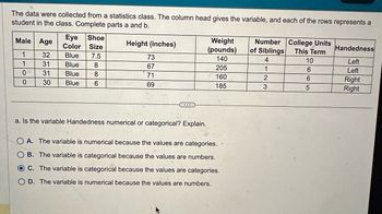 The data were collected from a statistics class. The column head gives the variable, and each of the rows represents a
student in the class. Complete parts a and b.
Eye
Shoe
Male
Age
Color
Size
Height (inches)
Weight
(pounds)
Number
of Siblings
College Units
Handedness
This Term
1
32
Blue
7.5
73
140
4
10
Left
100
31
Blue
8
67
205
1
6
Left
31
Blue
8
71
160
2
6
Right
30
Blue
6
69
185
3
5
Right
a. Is the variable Handedness numerical or categorical? Explain.
A. The variable is numerical because the values are categories.
O B. The variable is categorical because the values are numbers.
OC. The variable is categorical because the values are categories.
OD. The variable is numerical because the values are numbers.