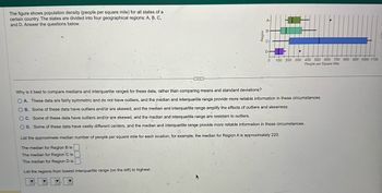 The figure shows population density (people per square mile) for all states of a
certain country. The states are divided into four geographical regions: A, B, C,
and D. Answer the questions below.
D-
0 100 200 300 400 500 600 700 800 900 1000 1100
People per Square Mile
Why is it best to compare medians and interquartile ranges for these data, rather than comparing means and standard deviations?
OA. These data are fairly symmetric and do not have outliers, and the median and interquartile range provide more reliable information in these circumstances.
B. Some of these data have outliers and/or are skewed, and the median and interquartile range amplify the effects of outliers and skewness.
OC. Some of these data have outliers and/or are skewed, and the median and interquartile range are resistant to outliers.
OD. Some of these data have vastly different centers, and the median and interquartile range provide more reliable information in these circumstances.
List the approximate median number of people per square mile for each location; for example, the median for Region A is approximately 220.
The median for Region B is
The median for Region C is
The median for Region D is
List the regions from lowest interquartile range (on the left) to highest.