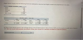 Eagle Sports Supply has the following financial statements. Assume that Eagle's assets are proportional to its sales.
INCOME STATEMENT, 2019
Sales
Costs
Interest
Taxes
Net income
Assets
Total
$ 950
180
60
130
$ 580
Internal growth rate
BALANCE SHEET, YEAR-END
2019
Debt
Equity
Total
2018
$ 3,300 $ 3,600
$3,300 $ 3,600
2018
$ 1,100
2,200
$3,300
a. What is the internal growth rate of Eagle Sports if the dividend payout ratio is fixed at 60% and the equity-to-asset ratio is fixed at
2/3? (Do not round intermediate calculations. Enter your answer as a percent rounded to 2 decimal places.)
%
2019
$ 1,200
2,400
$3,600
<< <