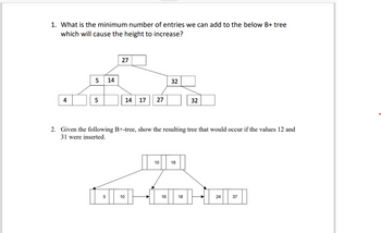 1. What is the minimum number of entries we can add to the below B+ tree
which will cause the height to increase?
4
5
5
14
27
14 17
10
27
2. Given the following B+-tree, show the resulting tree that would occur if the values 12 and
31 were inserted.
10
32
16
18
32
18
24
37