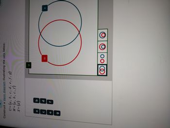 Construct a Venn diagram illustrating the sets below.
U=(a, b, c, d, e, f, g}
w={a, b, c, f}
X= {d}
a
C
e
g
d
f
@
U
W
e
Espar
O
00