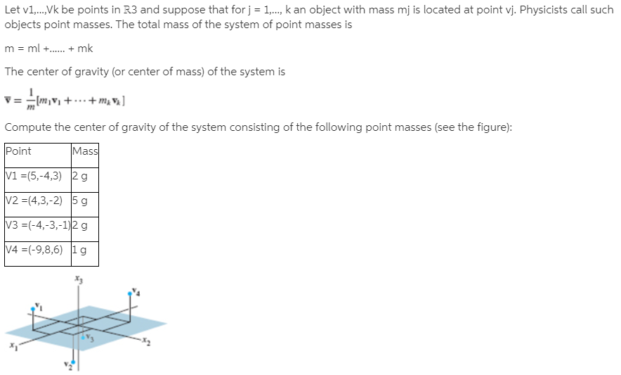 Let v1,.,Vk be points in R3 and suppose that for j = 1,., k an object with mass mj is located at point vj. Physicists call such
objects point masses. The total mass of the system of point masses is
m = ml +. + mk
The center of gravity (or center of mass) of the system is
V = - (m,v + .+m, V ]
Compute the center of gravity of the system consisting of the following point masses (see the figure):
Point
Mass
V1 =(5,-4,3) 2g
V2 =(4,3,-2) 5 g
V3 =(-4,-3,-1)2 g
V4 =(-9,8,6) 1g
