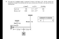 09. The rigid bar of negligible weight is supported as shown in the figure. If W = 80 kN, compute the
temperature change of the assembly that will cause a tensile stress of 50 MPa in the steel rod. Use the
following data:
A (mm²)
a (F°C)
E (GPa)
Steel rod
300
11.7 × 10-6
200
Bronze rod
1400
18.9 x 10-6
83
SUMMARY OF ANSWERS
AT
°C
Bronze 3 m
Steel 1.5 m
+| 1.0 m -
2.5 m 1.5 m –
