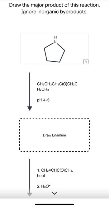 Draw the major product of this reaction.
Ignore inorganic byproducts.
H
N
CH3CH2CH2C(O)CH2C
H2CH3
pH 4-5
Draw Enamine
1. CH2=CHC(O)CH3,
heat
2. H3O+
Q