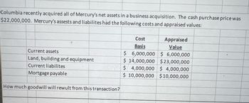 Columbia recently acquired all of Mercury's net assets in a business acquisition. The cash purchase price was
$22,000,000. Mercury's assests and liabilites had the following costs and appraised values:
Current assets
Land, building and equipment
Current liabilites
Mortgage payable
How much goodwill will rewult from this transaction?
Cost
Basis
$ 6,000,000
$ 14,000,000
Appraised
Value
$ 6,000,000
$23,000,000
$4,000,000 $4,000,000
$ 10,000,000 $10,000,000