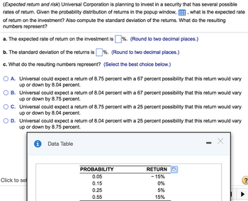 (Expected return and risk) Universal Corporation is planning to invest in a security that has several possible
rates of return. Given the probability distribution of returns in the popup window,
, what is the expected rate
of return on the investment? Also compute the standard deviation of the returns. What do the resulting
numbers represent?
a. The expected rate of return on the investment is ☐ %. (Round to two decimal places.)
b. The standard deviation of the returns is
%. (Round to two decimal places.)
c. What do the resulting numbers represent? (Select the best choice below.)
○ A. Universal could expect a return of 8.75 percent with a 67 percent possibility that this return would vary
up or down by 8.04 percent.
B. Universal could expect a return of 8.04 percent with a 67 percent possibility that this return would vary
up or down by 8.75 percent.
C. Universal could expect a return of 8.75 percent with a 25 percent possibility that this return would vary
up or down by 8.04 percent.
D. Universal could expect a return of 8.04 percent with a 25 percent possibility that this return would vary
up or down by 8.75 percent.
Data Table
PROBABILITY
RETURN
0.05
-15%
Click to sel
0.15
0%
0.25
5%
0.55
15%