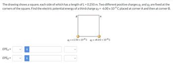 The drawing shows a square, each side of which has a length of L = 0.250 m. Two different positive charges 9₁ and 92 are fixed at the
corners of the square. Find the electric potential energy of a third charge 93 = -6.00 x 10-⁹ C placed at corner A and then at corner B.
EPEA =
ЕРЕВ=
>
i
i
A
91=+1.50 x 10-⁹ C 92= +4.00 x 10 c