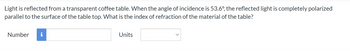 Light is reflected from a transparent coffee table. When the angle of incidence is 53.6°, the reflected light is completely polarized
parallel to the surface of the table top. What is the index of refraction of the material of the table?
Number i
Units