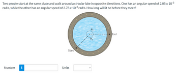 Two people start at the same place and walk around a circular lake in opposite directions. One has an angular speed of 2.05 x 10-3
rad/s, while the other has an angular speed of 3.78 x 10-3 rad/s. How long will it be before they meet?
Number i
Start
Units
02
0₁
End