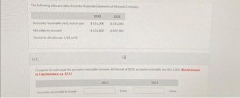 The following data are taken from the financial statements of Blossom Company.
Accounts receivable (net), end of year
Net sales on account
Terms for all sales are 1/10.n/45
(a1)
2022
2021
$551.000
$535,000
4,126,800 4,349,200
Accounts receivable turnover
Compute for each year the accounts receivable turnover. At the end of 2020, accounts receivable was $513,000. (Round answers
to 1 decimal place, eg 12.5)
D
2022
times
2021
times