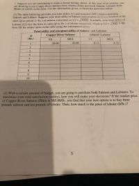 1. Suppose you are considering to make a decent holiday dinner. In this year, to be creative, you
are thinking to put Copper River Salmon from Alaska (fillet) and fresh Atlantic Lobsters from
Maine as entrée on the table. Use the information given, to finish the questions below.
(1) The table following provides you total utility (U) and marginal (MU) from consuming
Salmon and Lobster. Suppose your total utility of Salmon consumption (U1) is a function of the
units (Q as pound or lbs.) of salmon consumed, as U1 = /400Q. Similarly, your total utility of
Lobster (U2) has the form as units (Q as lbs.) of lobster consumed, which is U2 = 36Q + 40.
Now fill the empty spots in the table using the information given.
Total utility and marginal utility of Salmon and Lobster.
Copper River Salmon
Atlantic Lobster
Q
(Ibs.)
U1
MU1
U2
MU2
1
20.00
20.00
8.72
8.72
3
4
6.
7
8.
9
10
(2) With a certain amount of budget, you are going to purchase both Salmon and Lobsters. To
maximize your total satisfaction (utility), how you will make your decisions? If the market price
of Copper River Salmon (fillet) is $85.00/lb., you find that your best option is to buy three
pounds salmon and ten pounds of lobster. Then, how much is the price of lobster ($/lb.)?
