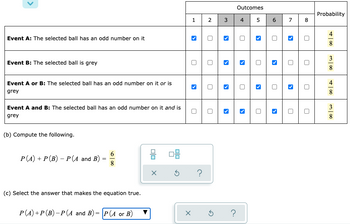 Event A: The selected ball has an odd number on it
Event B: The selected ball is grey
Event A or B: The selected ball has an odd number on it or is
grey
Event A and B: The selected ball has an odd number on it and is
grey
(b) Compute the following.
6
8 08
P(A) + P (B) - P(A and B):
=
8
5
(c) Select the answer that makes the equation true.
P(A) + P (B)-P(A and B)=P(A or B)
X
X
1 2
>
?
U
U
5
Outcomes
3 4 5
>
?
>
U
6
U
7
8
Probability
>
+100
U
U
U
m 100
3
8
+00
4
8
m 100
3
8