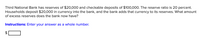 Third National Bank has reserves of $20,000 and checkable deposits of $100,000. The reserve ratio is 20 percent.
Households deposit $20,000 in currency into the bank, and the bank adds that currency to its reserves. What amount
of excess reserves does the bank now have?
Instructions: Enter your answer as a whole number.
2$

