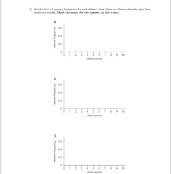 d) Sketch relative frequency histograms for each dataset below (these are discrete datasets; your bars
should not touch). Mark the mean for the dataset on the x-axis.
a)
relative frequency
b)
relative frequency
이
relative frequency
0.6
0.4
0.2
O
0.6
0.4
0.2
0
0.6
0.4
0.2
O
+
0
+
+
0 1
+
+
1
0
+
1
+
2
+
2
2
3
3
3
+
5
observations
4
4
+ +
+
4
CO
6
+
6
5
observations
+
5
observations
+
6
7 8
+
7
7
+
8
9 10
9
10
8 9 10