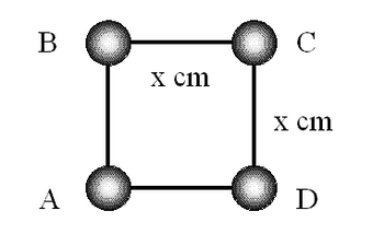 The image shows a diagram of a square with labeled vertices: A, B, C, and D. Each side of the square is indicated to be "x cm" in length. Points A and B are connected by a line segment, as are points B and C, C and D, and D and A.

Description of the Square:
- **Vertices**: A, B, C, D
- **Edges**: AB, BC, CD, DA
- **Side Length**: Each side is labeled as "x cm," meaning all sides of the square are equal in length.

This diagram is a visual representation of the properties of a square, emphasizing the equality of its side lengths. This can be used to explain concepts related to geometry, such as congruence, area, and perimeter in educational settings.