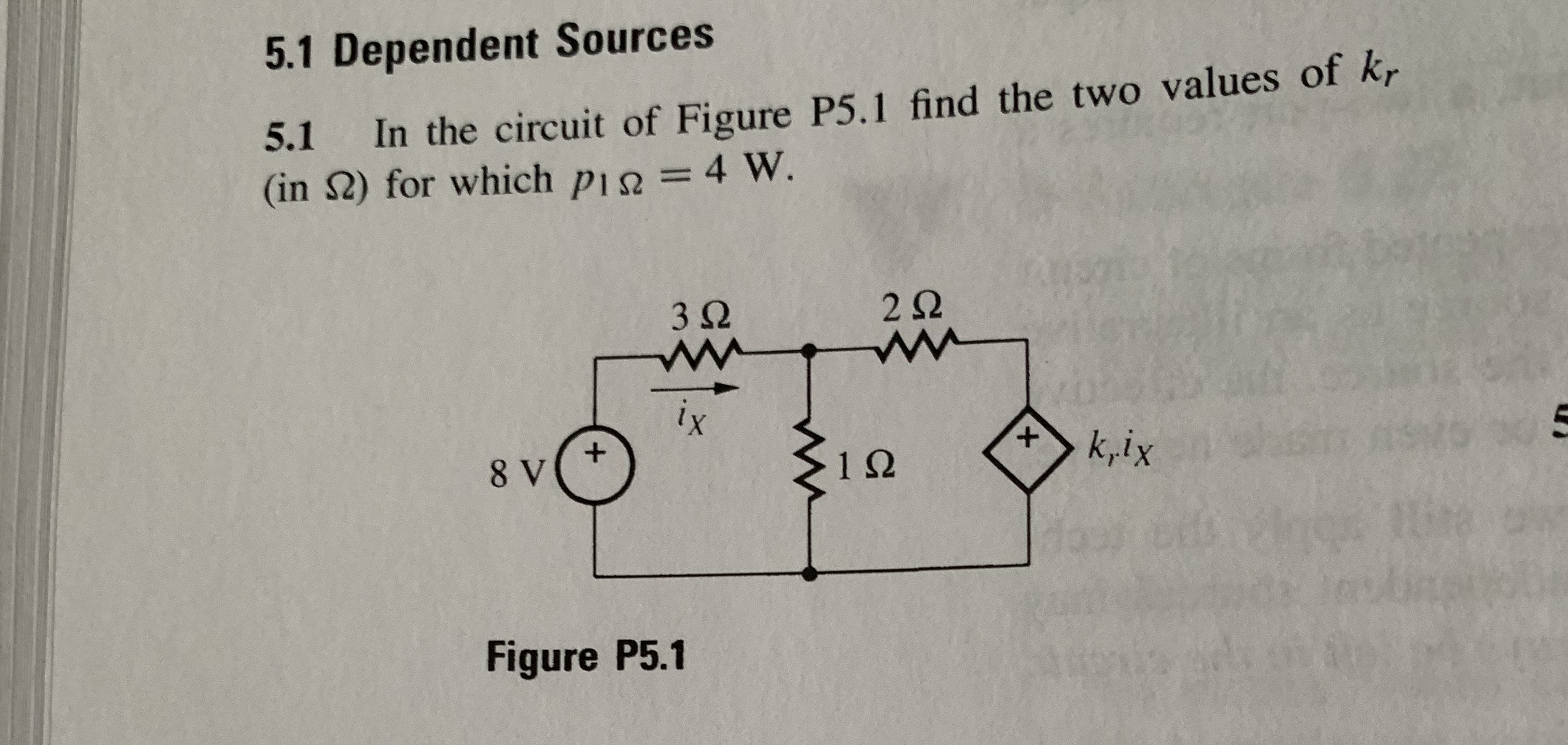 5.1 Dependent Sources
5.1 In the circuit of Figure P5.1 find the two values of kr
(in S) for which pi= 4 W.
2 Q
3Ω
ix
k,ix
8 V
1Ω
Figure P5.1
