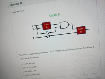 Question 32
Given the circuit
Z
O A is OR, B is AND
Gate
A
OA is NOT, B is AND
O A is AND, B is OR
O Both A and B are NOT
Circuit 1:
The circuit is supposed to compute (x + y)x' z'. What is the correct type for Gate A and Gate B
note: stands for negation
Gate
B