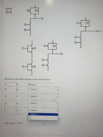 A
O
с
1
Fill in the truth table based on the circuit above
Output
1
B
0
1
O
A
1
B
B
The circuit [Select]
D-C
[Select]
[Select]
[Select]
[Select]
Select ]
D-E B
1
0
C
F
B
Output