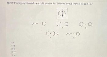 Identify the diene and dienophile expected to produce the Diels-Alder product shown in the box below.
H
$
H
01
Oll
O III
DIV
OV
+
111