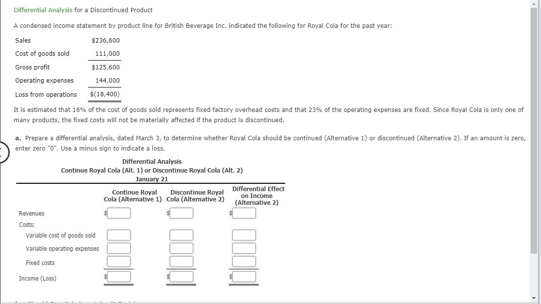 Differential Analysis for a Discontinued Product
A condensed income statement by product line for British Beverage Inc. indicated the following for Royal Cola for the past year:
Sales
$236,600
Cost of goods sold
111,000
Gross profit
$125,600
Operating expenses
144,000
Loss from operations
$(18,400)
It is estimated that 16 % of the cost of goods sold represents fixed factory overhead costs and that 23 % of the operating expenses are fixed. Since Royal Cola is only one of
many products, the fixed costs will not be materially affected if the product is discontinued
a. Prepare a differential analysis, dated March 3, to determine whether Royal Cola should be continued (Alternative 1) or discontinued (Alternative 2). If an amount is zero,
enter zero "0". Use a minus sign to indicate a loss.
Differential Analysis
Continue Royal Cola (Alt. 1) or Discontinue Royal Cola (Alt. 2)
January 21
Differential Effect
Continue Royal
Cola (Alternative 1) Cola (Alternative 2)
Discontinue Royal
on Income
(Alternative 2)
Revenues
Costs:
Variable cost of goods sold
Variable operating expenses
Fixed costs
$
Income (Loss)
