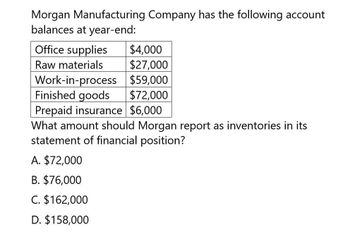 Morgan Manufacturing Company has the following account
balances at year-end:
Office supplies
Raw materials
Work-in-process
Finished goods
$4,000
$27,000
$59,000
$72,000
Prepaid insurance $6,000
What amount should Morgan report as inventories in its
statement of financial position?
A. $72,000
B. $76,000
C. $162,000
D. $158,000