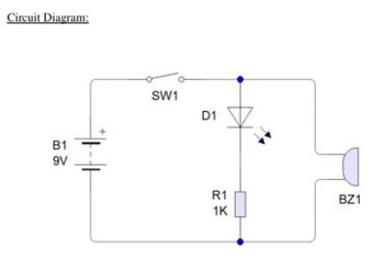 Circuit Diagram:
B1
9V
SW1
D1
R1
1K
BZ1