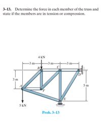 3-13. Determine the force in each member of the truss and
state if the members are in tension or compression.
4 kN
-3 m-
-3 m-
-3 m-
B
3 m
5 m
E
5 kN
Prob. 3–13
