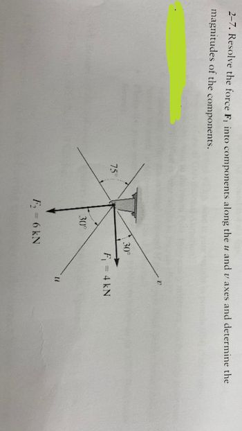 2-7. Resolve the force F, into components along the u and v axes and determine the
magnitudes of the components.
75°
30°
30°
F₁ = 6 kN
F₁ = 4 kN
(1