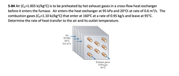 5-84 Air (Cp=1.005 kJ/kg°C) is to be preheated by hot exhaust gases in a cross-flow heat exchanger
before it enters the furnace. Air enters the heat exchanger at 95 kPa and 20°Ct at rate of 0.6 m³/s. The
combustion gases (Cp=1.10 kJ/kg°C) that enter at 160°C at a rate of 0.95 kg/s and leave at 95°C.
Determine the rate of heat transfer to the air and its outlet temperature.
Air
95 kPa
20°C
0.6 m³/s
Exhaust gases
0.95 kg/s
95°C